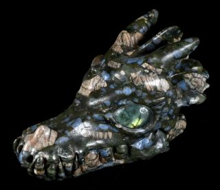 5.  5 " Que Sera Stone Lianite Carved Crystal Dragon Skull,  Labradorite Eyes