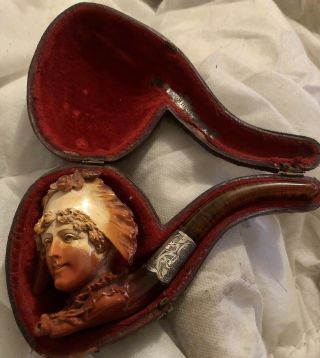 Antique Meerschaum Cased Pipe Carved Lady Silvercollar Cased Wonderful Quality