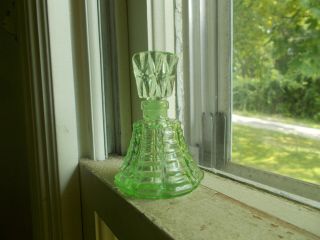Vintage Green Depression Glass Perfume Bottle & Stopper Bell Shape