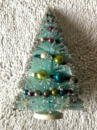 Vtg 13 " Flocked Aqua Blue Bottle Brush Xmas Tree With Ornaments Xlnt Mcm