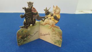 Very Rare Antique Victorian 3d Pop Greetings Card Cats Playing Rugby