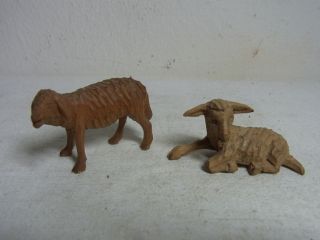 2 Vintage German Hand Carved Wood Sheep Az