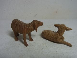 2 Vintage German Hand Carved Wood Sheep AZ 3
