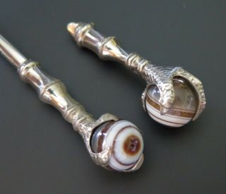 Antique Pair Button Hooks Banded Agate Ball & Claw Germany