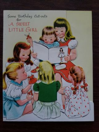Vtg Birthday Greeting Card Cute Girls Party Paper Dolls Cut - Outs,  50s,