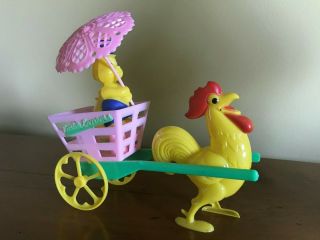 Vintage Rosbro Easter Plastic Rabbit In Easter Express Cart Pulled By Rooster