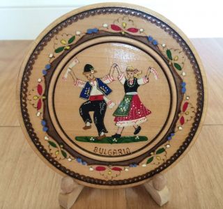 Vintage Bulgarian Decorative Wooden Plate Hand Painted Woodburned 6” Diameter