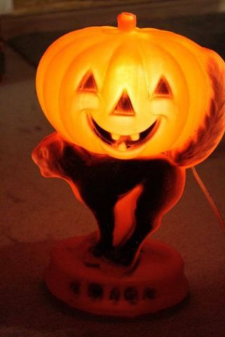 Vintage Plastic Blow Mold Lighted Pumpkin Halloween Jack - O - Lantern Black Cat
