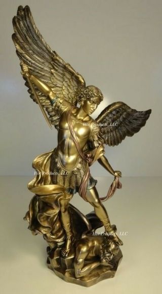 14 1/2 " St Michael Archangel Standing On Demon Statue Antique Bronze Color