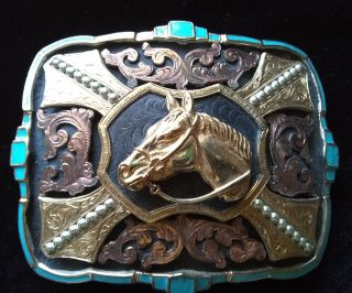 Heavy Western Style Trophy Belt Buckle German Silver - (silver/24kt Gold Plated)