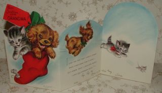 - M.  Cooper - Tri - Fold - Kitten,  Puppy,  Cat,  Dog - 1950 Rust Craft Christmas Card