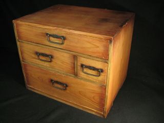Antique Japanese 90 Yr Old Solid Cryptomeria Wood 4 Drawer Personal Tansu Chest