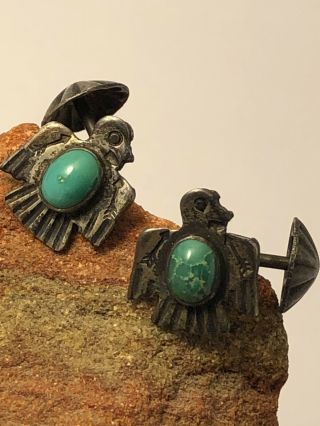 Old Pawn Harvey Era Navajo Silver Turquoise Thunderbird Cufflinks 021119bce