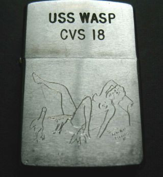 Vietnam Era Zippo Lighter Risque Double Sided Engraving 1966 Uss Wasp Cvs 18