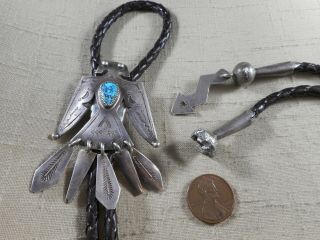 Very Unusual Old Handcrafted Thunderbird Bolo Tie With Fancy Tips