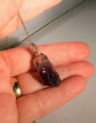 Raw Amethyst Pendant Sterling Chain Necklace & Crystal Charm Rough Cut Natural 8