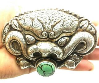 Chinese Export Dragon Turquoise Sterling Silver 925 Belt Buckle 75g Poe604