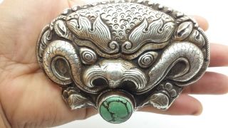 Chinese Export Dragon Turquoise Sterling Silver 925 Belt Buckle 75g POE604 2
