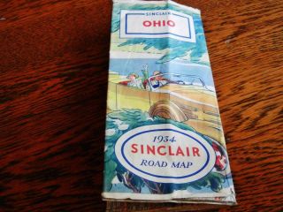 Vintage 1934 Sinclair Oil Fold Out Road Map Of Ohio