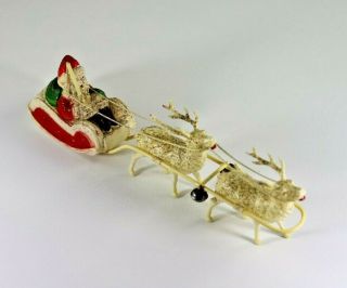 Vintage Celluloid Santa Claus In Sleigh With Two Reindeer,  Gold Glitter Bells