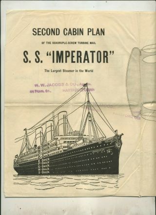 29 1/2 X 20 Inches Layout Second Cabin Plan S S " Imperator " Of Cunard Lines