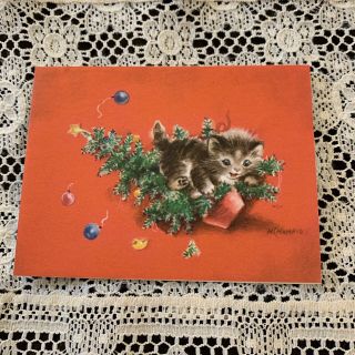 Vintage Greeting Card Christmas M Champion Cat Kitten Tree Rust Craft