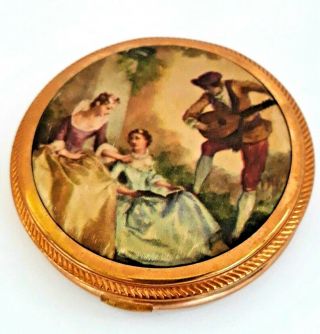 Vintage Gold & Silk Powder Compact With 18th Century Musical Scene Lid.