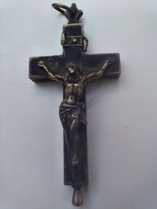 Antique Reliquary Crucifix Brass Cross,  Unscrews Opens To 6 Catholic Relics