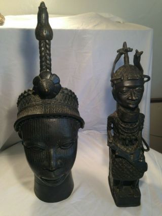 Vtg African Benin Queens Head Bronze/ Brass & King/ Warrior Seated On A Throne