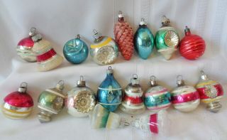 18 Vintage Glass Ornaments Shiny Brites Indents Bells Figural Pinecone Smaller