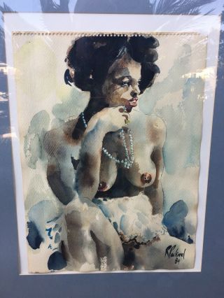 Wonderful Watercolor Of A Seated Nude Black Girl With A Pearl Necklace.
