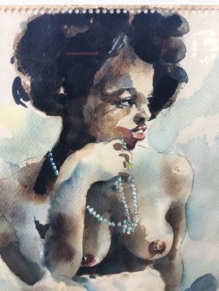 WONDERFUL WATERCOLOR OF A SEATED NUDE BLACK GIRL WITH A PEARL NECKLACE. 2