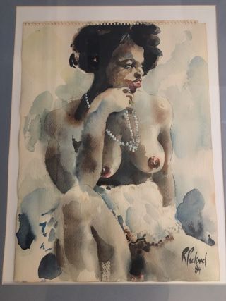 WONDERFUL WATERCOLOR OF A SEATED NUDE BLACK GIRL WITH A PEARL NECKLACE. 3