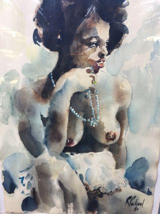 WONDERFUL WATERCOLOR OF A SEATED NUDE BLACK GIRL WITH A PEARL NECKLACE. 6