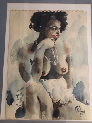 WONDERFUL WATERCOLOR OF A SEATED NUDE BLACK GIRL WITH A PEARL NECKLACE. 7