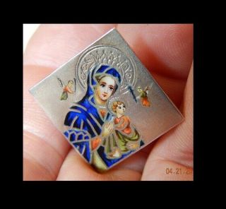 Antique Silver Hand Painted Enameled Miraculous Medal / Pin / Brooch No - Re
