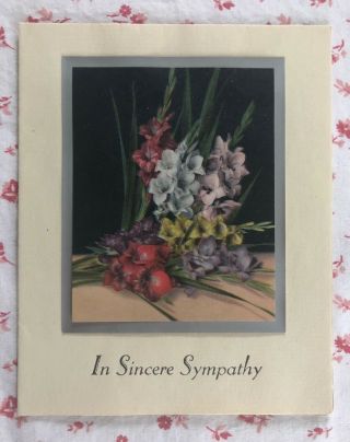 Vintage 1940s Sympathy Greeting Card Litho Print Of Gladiolus Flower Arrangement