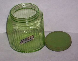 Hoosier Ribbed Green Vaseline Depression Glass Canister Coffee Jar With Label 8