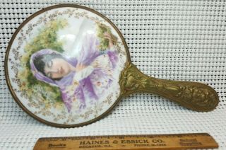 Vintage Heavy Handheld Mirror Porcelain & Brass / Ornate Victorian Style - Rare