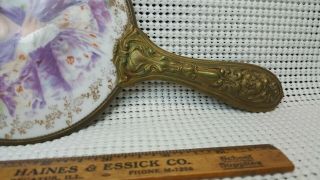 Vintage Heavy Handheld Mirror Porcelain & Brass / Ornate Victorian Style - Rare 2
