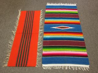 Vtg Mexican Saltillo Serape Striped Fringed Woven Wool Table Runner Rug Blankets