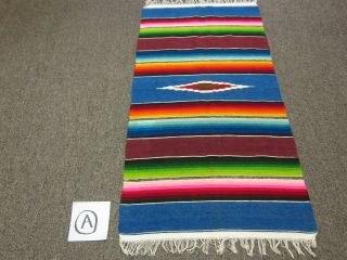 VTG Mexican Saltillo Serape Striped Fringed Woven Wool Table Runner Rug Blankets 2