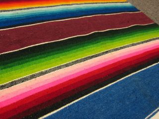 VTG Mexican Saltillo Serape Striped Fringed Woven Wool Table Runner Rug Blankets 3