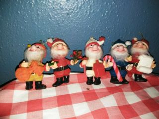 5 Vintage Christmas Blow Mold Ornaments Flocked Plastic Dwarf Gnome Elf Pixie