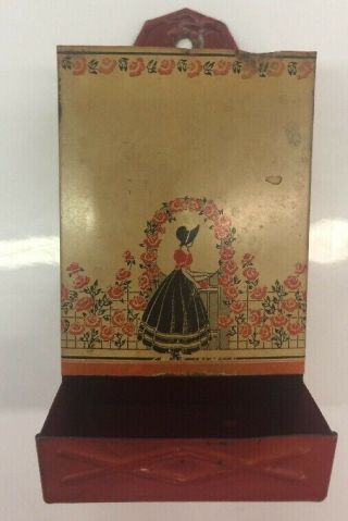 Vintage Tin Metal Match Box Holder Wall - Mount Lady Flower Garden Rare
