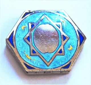 Vintage Art Deco Enamel Compact Silver W/ Gold Butterfiles Octagon Shaped