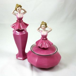 Bavaria Dresser Set Perfume Bottle Powder Jar Woman Half Doll Antique Porcelain