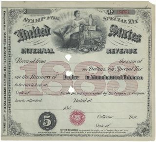 Dealer In Manufactured Tobacco / Stamp For Special Tax United States Internal