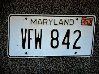 1986 War Veteran Maryland License Plate Tag Number Vfw 842 Vintage Md