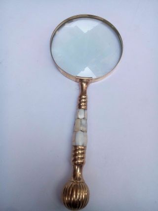 Antique Vintage Style Brass & Mother Of Pearl Magnifying Glass Magnifier 2